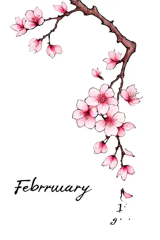 Fine Line Tattoo With February Birth Date And Cherry Blossom