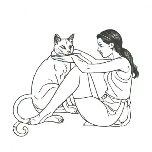 Woman And Black Cat Sitting