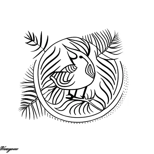 A Minimalist Tattoo Of A Bird Resting On Adinkra Fern