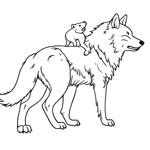 Adult Wolf Playing With Cub On His Back