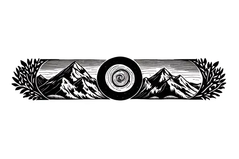 Pachamama Spiral With Mountain Outline Intertwined Coca Leaves