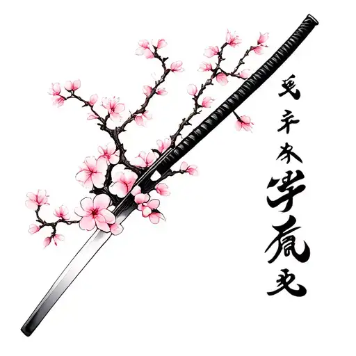 Samurai Katana With Cherry Blossom Branch And Gaman Kanji