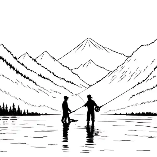 Shiloute Shadow Dad And Son Standing Fishing In A River Facing The Mountains Black And White Simple