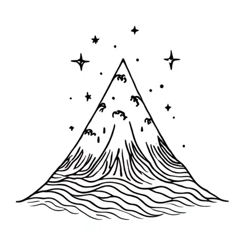 Triangular Shaped Volcano With Waves Flowing And Stars Above