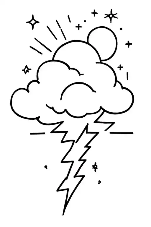 Simple Storm Cloud With Lightning Bolt Underneath And Above Moon Sun And Stars