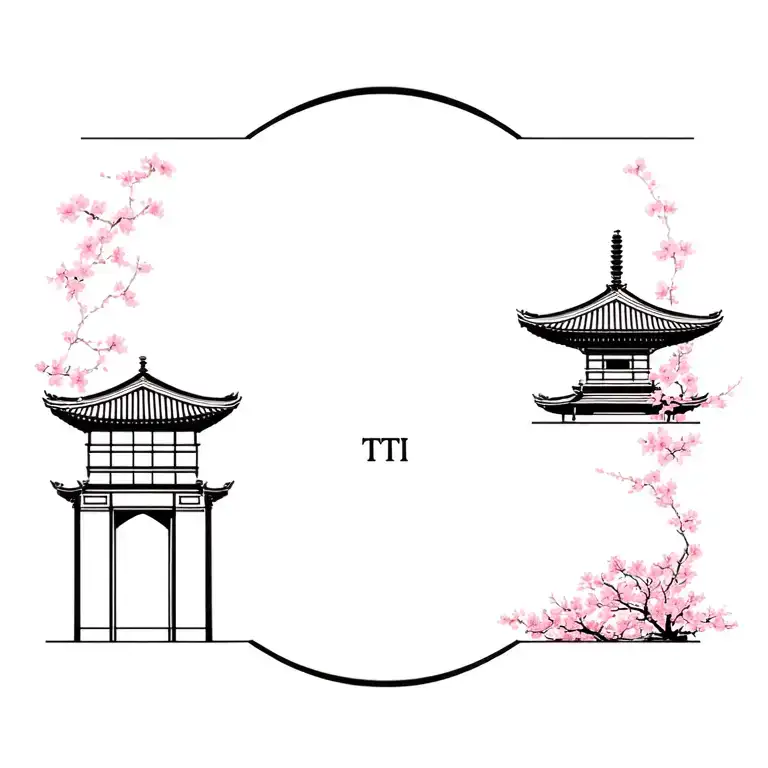 A Japanese Temple With Cherry Blossoms And The Letters Tti At The Entrance Of The Temple