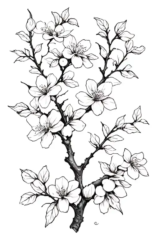 Black And White Masculine Cherry Branch Tattoo With Blossoms