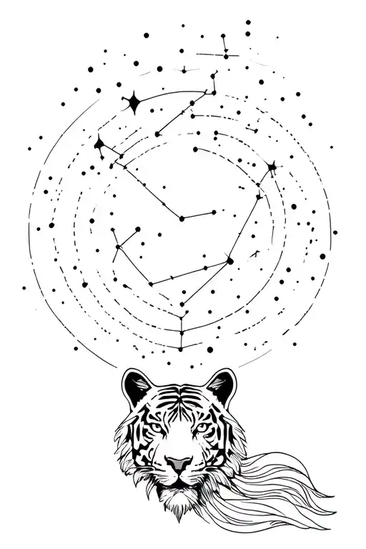 Tiger Head With Constellations And Ocean Wave Around Her