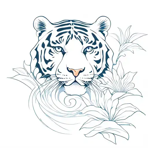 A Tiger Against Lilies And Waves