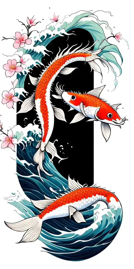 Waves Crashing In The Background With Cherry Blossoms And Koi Fish Turning Into A Dragon