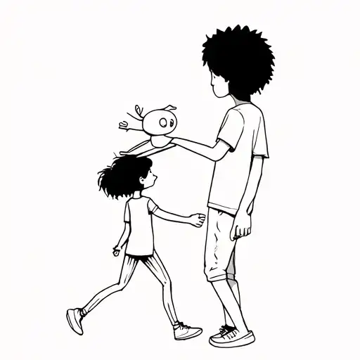 Child With A Puppet And A Guy Holding Him By His Hand Sillouette From His Back Who Walk