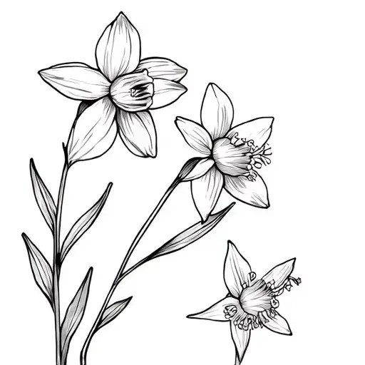 Daffodil And Larkspur Flowers Intertwined Black Line Art
