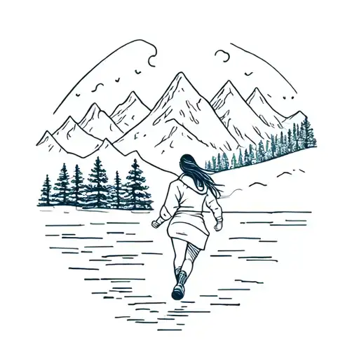 Girl Running In The Mountains With Lake And Christmas Trees
