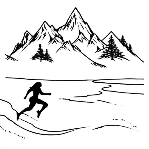 The Silhouette Of A Girl Running In The Mountains With A Lake And Christmas Trees