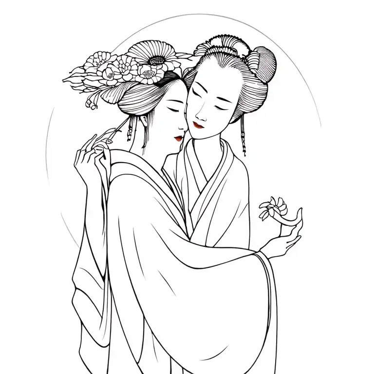 Geisha And Traditional Japanese Man Holding