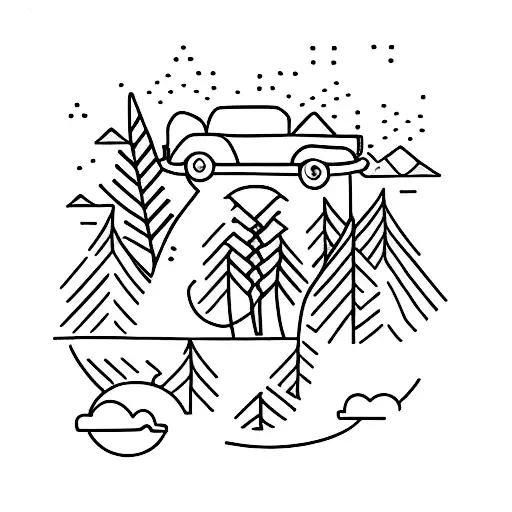 A Minimalist Tattoo Of A Vintage Car Driving Through A Scenic Mountain Road