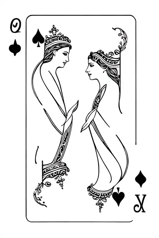 A Black Plying Card With A Queen And Princess Mirroring Eachother