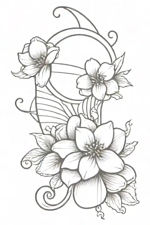 Long Fine Line Seashell Spine Tattoo With Flowers