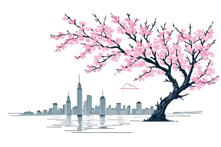 Cherry Blossom Tree With A Cityscape And Sunset Background