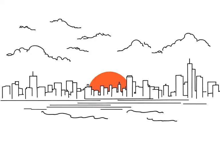 A Cityscape With A Sunset Background