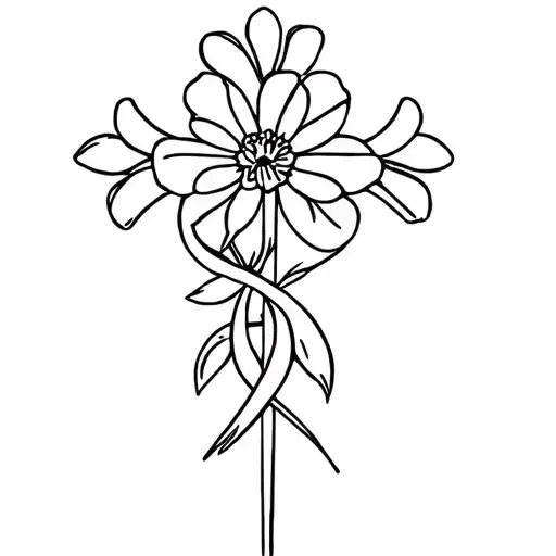 Fine Line Tattoo Of Cross With Twin Flowers Intertwined