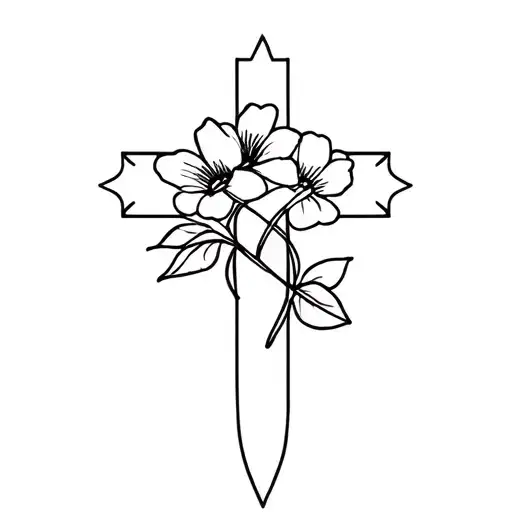 Fine Line Tattoo Of Cross With Twin Flowers Intertwined
