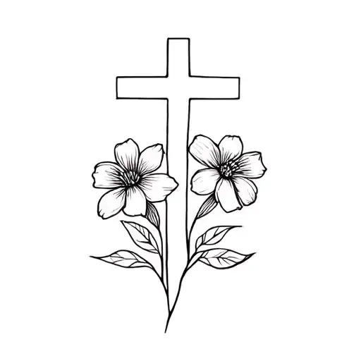 Fine Line Tattoo Of Cross With Twin Flowers Growing