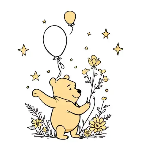 Winnie The Pooh Holding A Balloon Surrounded By Stars And Flowers