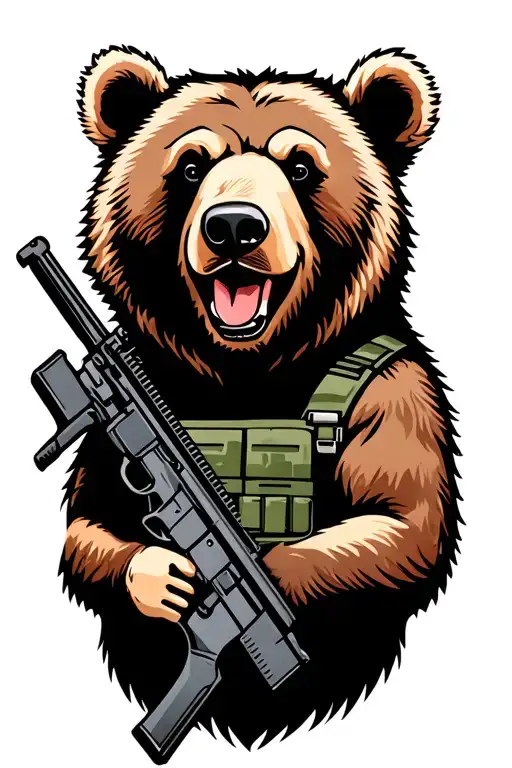 Grizzly Bear Wearing Military Vest Holding Assault Rifle