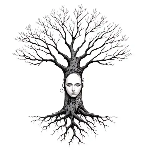 A Tree With Roots And A Human Head Among The Branches
