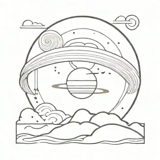 A Minimalist Tattoo Design Of Saturn Surrounded By Swirling Sea Waves And Mountain Silhouettes