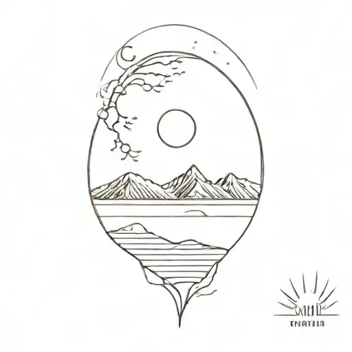 A Minimalist Tattoo Of A Serene Beach Scene And Mountain With Saturn In Te Circle Of Sa Planet