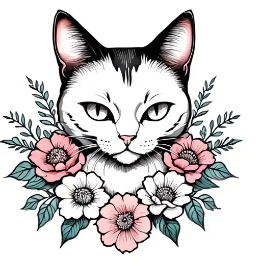 Black Cat With Flowers Surrounding