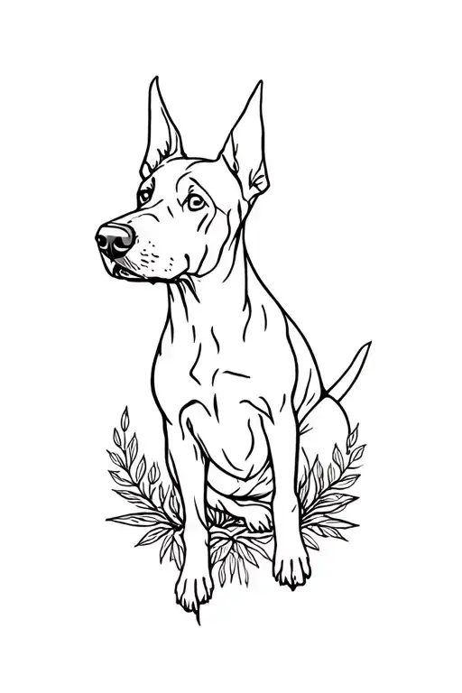 A Minimalist Tattoo Of A Doberman Surrounded By Earthy Elements