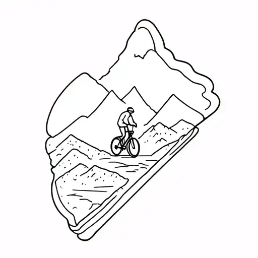 Fine Line Cyclist Riding Up A Mountain Landscape Made Of A Slice Of Pizza