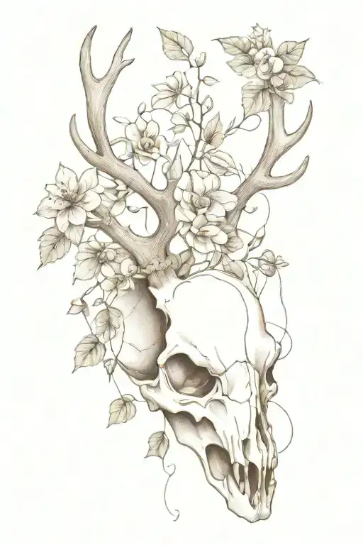 Half Dead Deer Skull Growing Mushrooms Flowers And Ivy