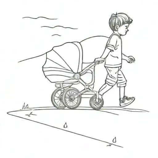 One Line Tattoo Minimal Of Young Boy Pushing A Stroller Down A Hill