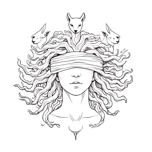 Blindfolded Medusa Surrounded By Various Animals