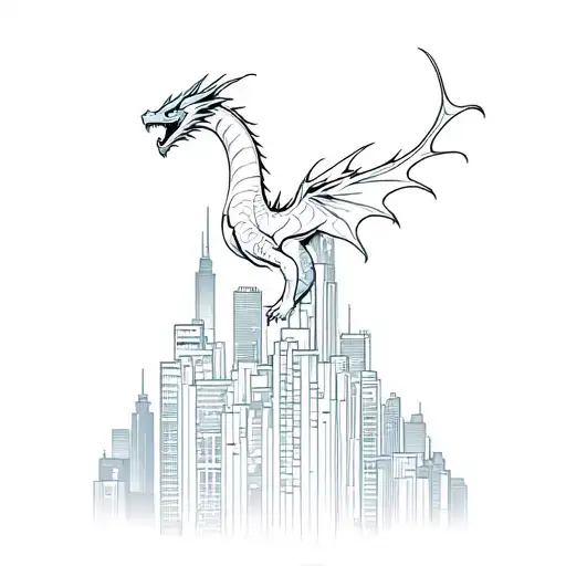 Cyber Sigilism Dragon Flying Around A City Building
