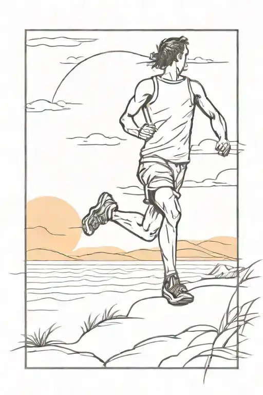 A Sketch Of A Trail Runner Running Towards A Sunset Over The Ocean