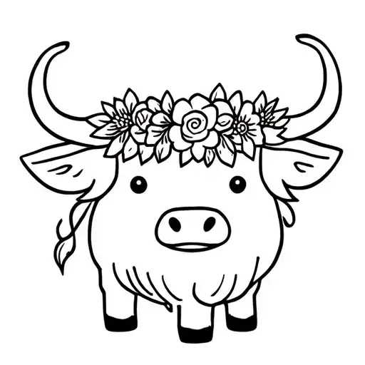 Cartoon Highland Cow With Flower Crown