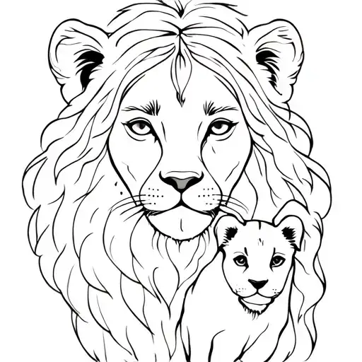 Woman's Face And Lioness With Puppy