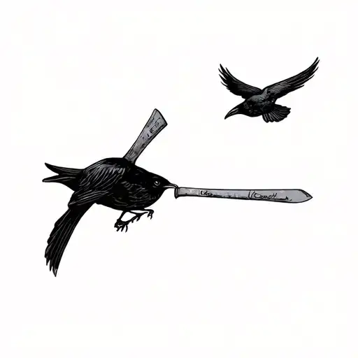 A Blackbird Holding A Cleaver By The Handle In His Talons While The Bird Flying