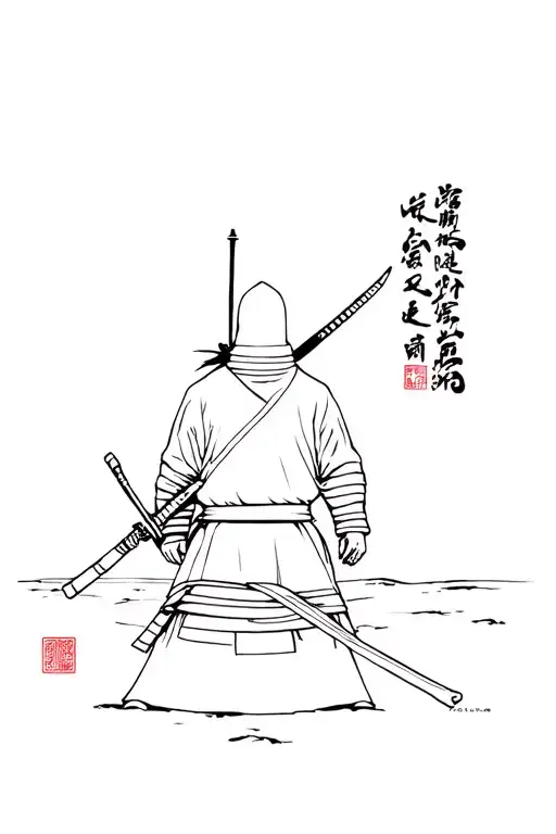 Faceless Samurai Standing In Front Of A Battlefield About To Go To War