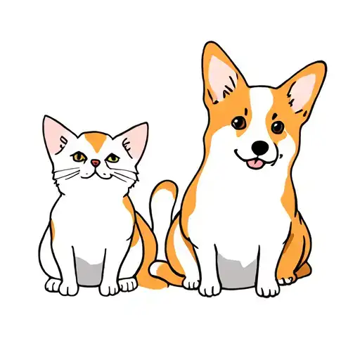 Corgi And Two Cats Sitting