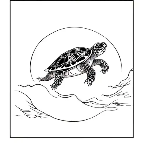 A Japanese Wave Design With A Red Eared Slider Turtle On It