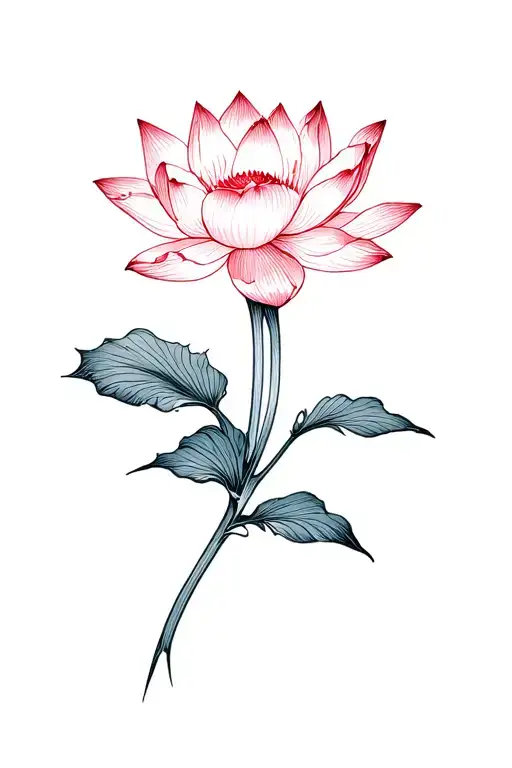 Small Lotus Flower Blooming With Less Petals And Asian Ink