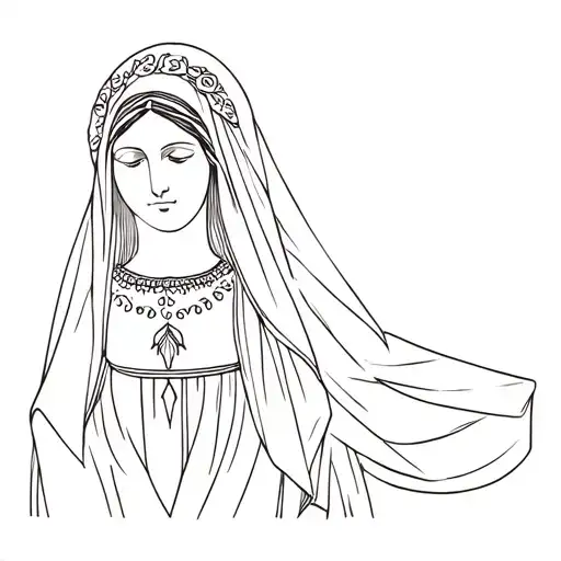 Lady Of Guadalupe Wearing Veil Looking Slightly Down To The Side