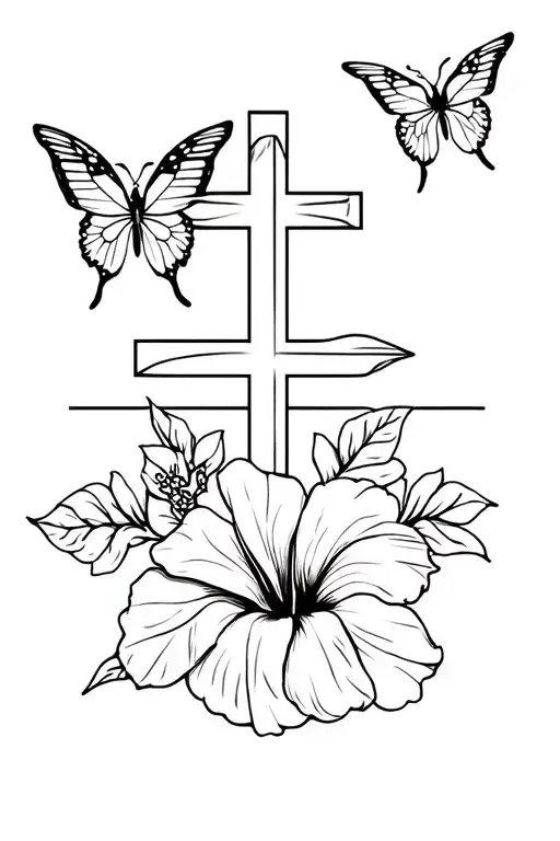 Butterflies With Hibiscus Flowers And A Jesus Cross