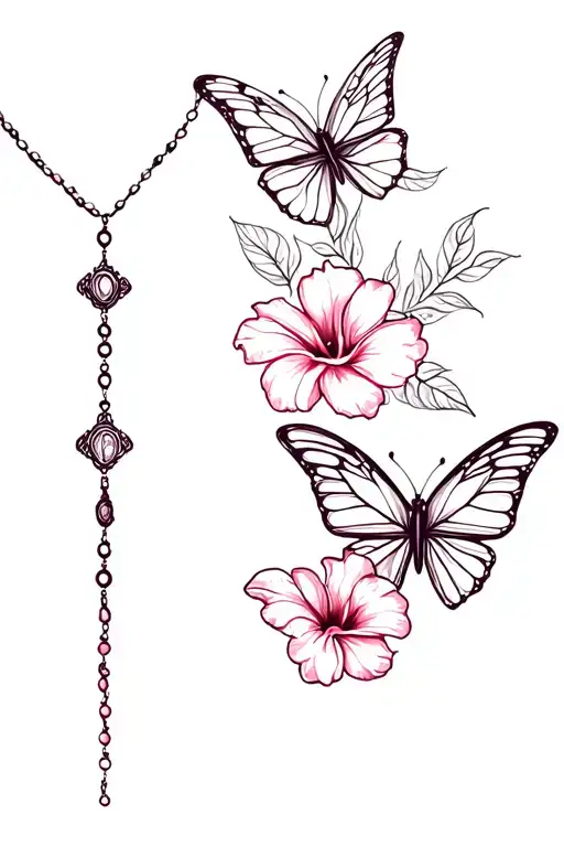 Butterflies With Hibiscus Flowers And A Rosary Wrapped